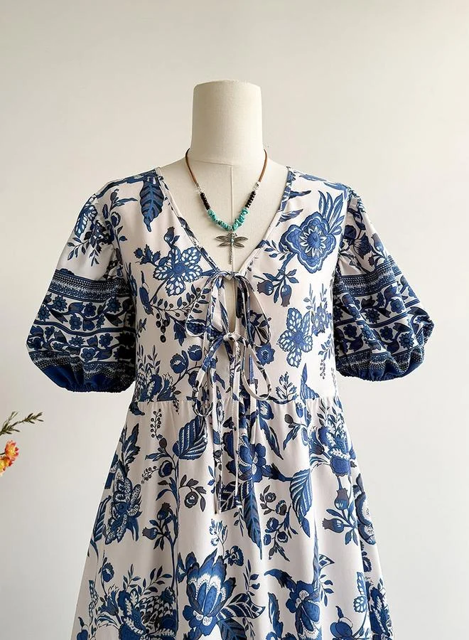 تايك تو فستان ميدي نسائي بطبعة زهور وياقة على شكل حرف  وأكمام منفوخة ورباط أمامي